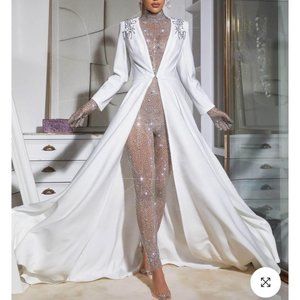 Mew Mews Ally Rhinestone Mesh Jumpsuit in Silver + White Coat (set)- NEW!